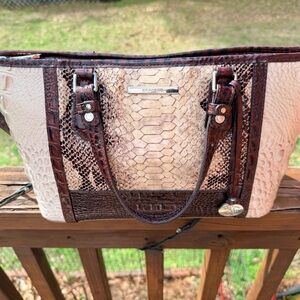 Brahmin Cream and Brown Croc-Embossed Bag
